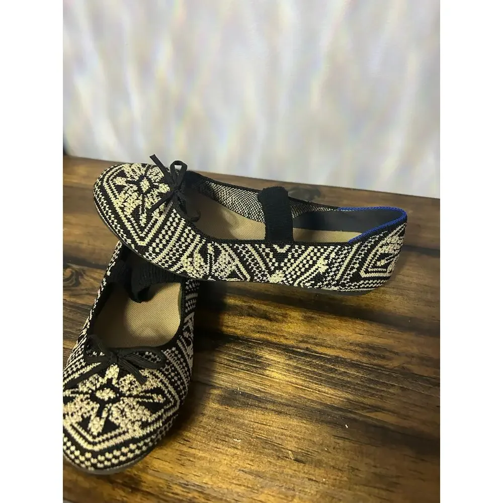 Rothy's Kids Sz 4 Bow Mary Jane Black & Cream Mosaic Pattern Back to School